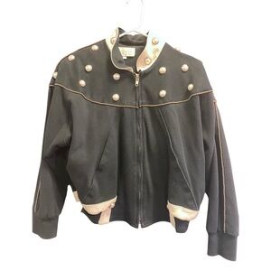 Vintage Cache Mary Dzenutis Black and Cream Women's Pearls Bomber Jacket XS/S